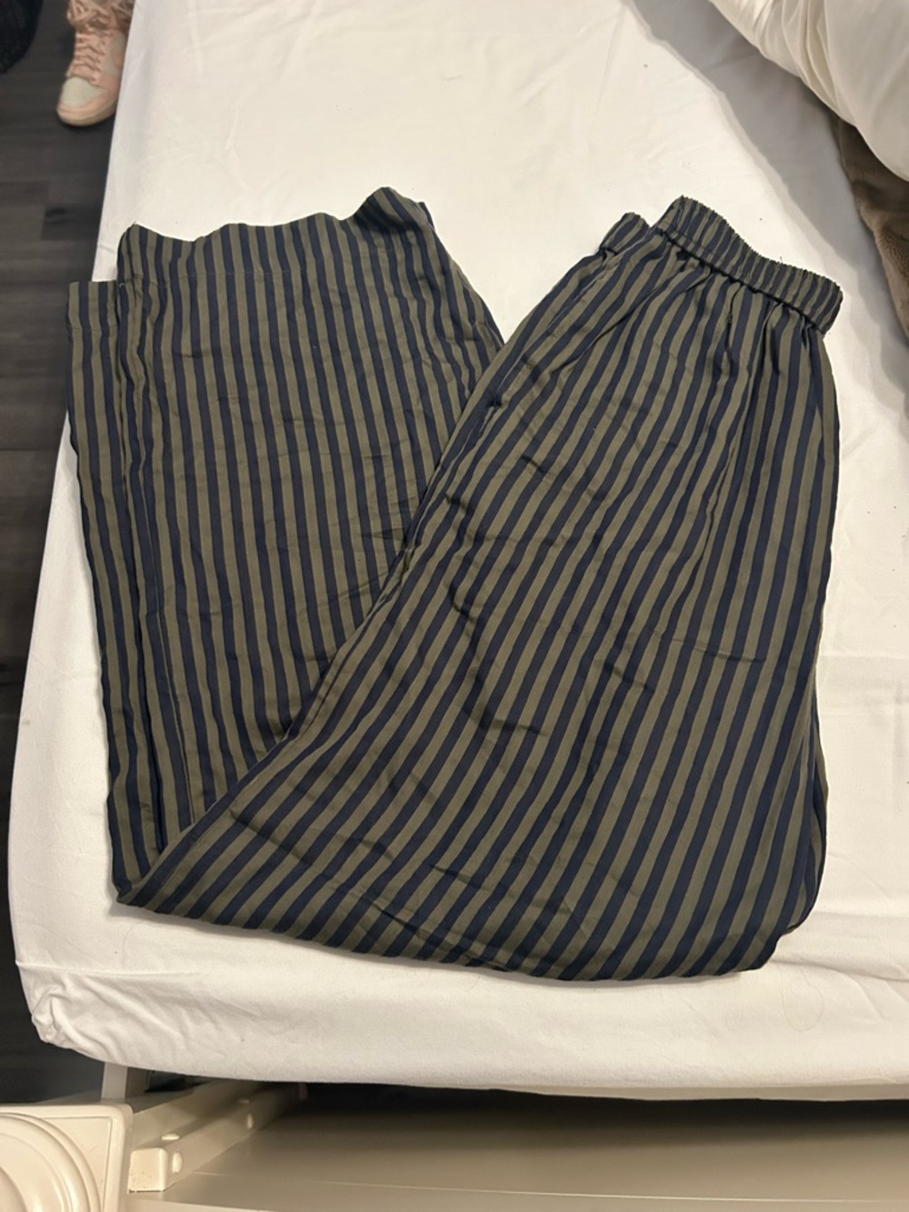 Anthropologie Olive and Navy Striped Joggers, pj pants, comfy or formal
